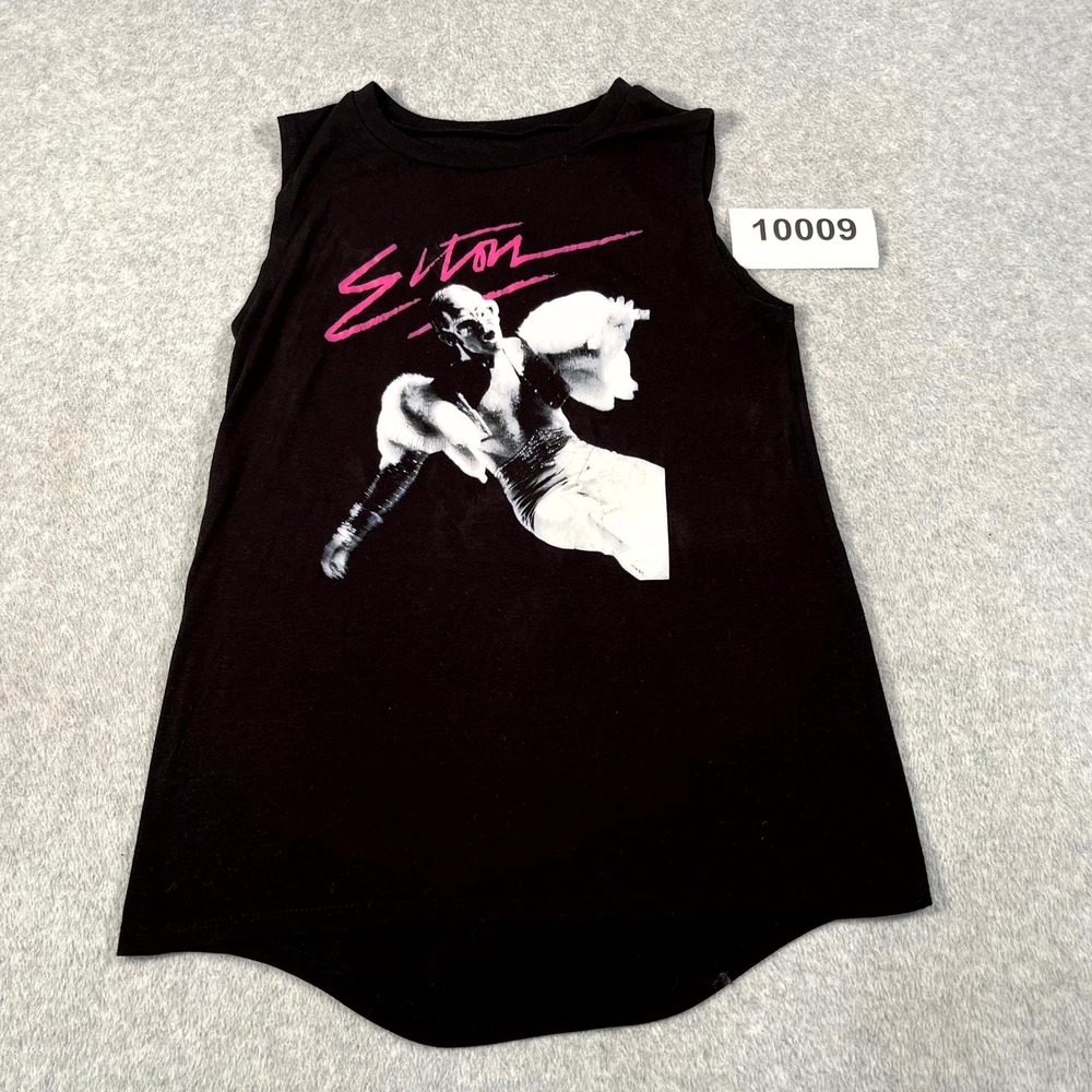 Elton John Tank Top Womens Medium Black Graphic Print Stretch Round Neck Casual